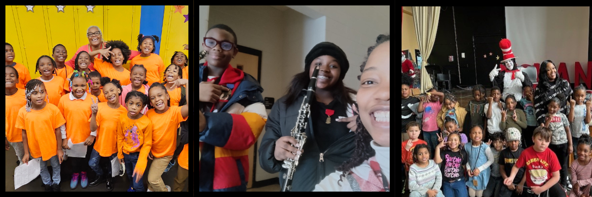 students wearing orange for unity day, students with their instruments, and students at a cat in the hat assembly